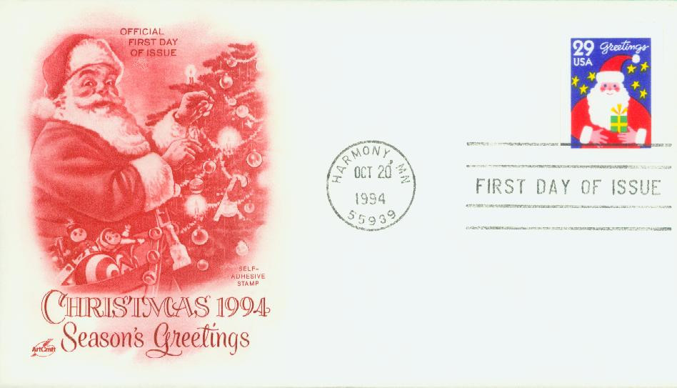 2873 - 1994 29c Santa with Present - Mystic Stamp Company