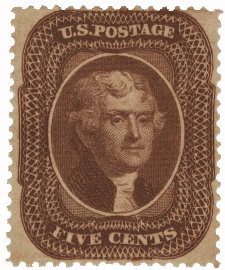 30A - 1860 5c Thomas Jefferson, Brown, Type II, Perf. 15.5