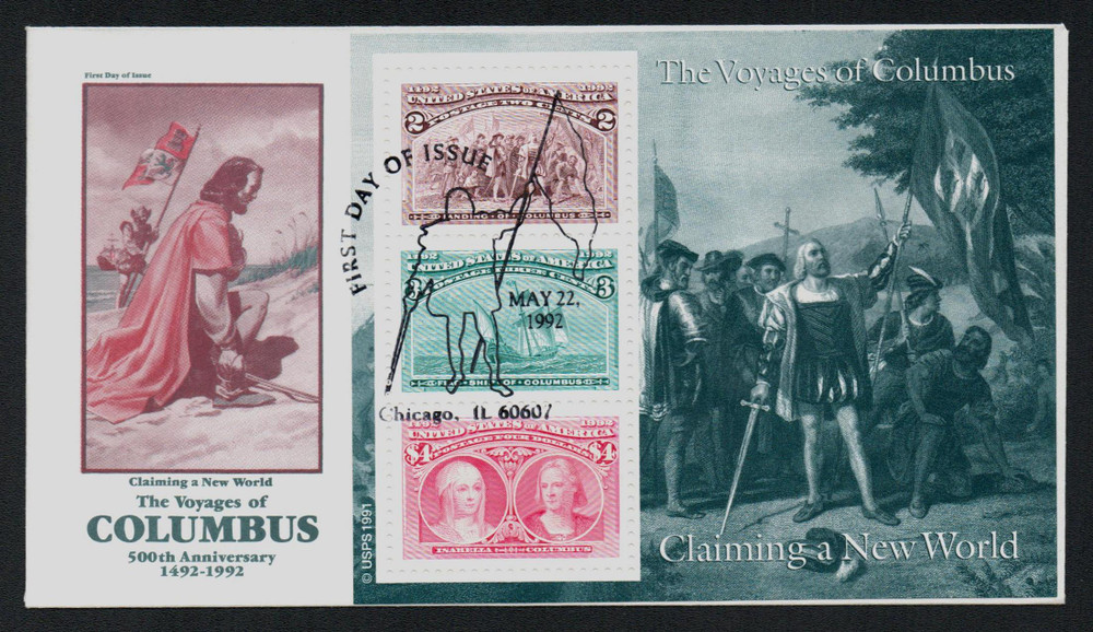 2625 - 1992 2c, 3c, $4 Voyages of Columbus, Souvenir Sheet
