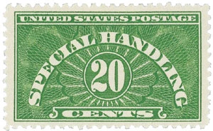 QE3 - 1928 20c Special Handling, Yellow Green - Mystic Stamp Company