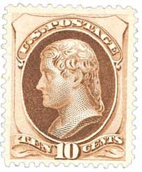 187 - 1879 10c Thomas Jefferson, Brown, No Secret Mark, Soft Paper