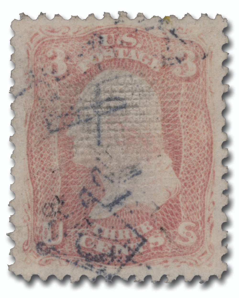 85C - 1867 3c Washington, Rose, Z Grill, Perf. 12 - Mystic Stamp
