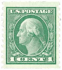 452 - 1915 1c Washington, Green, Single Line Watermark, Perf. 10