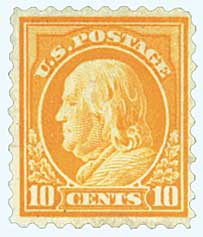 433 - 1914 10c Franklin, Orange Yellow, Single Line Watermark