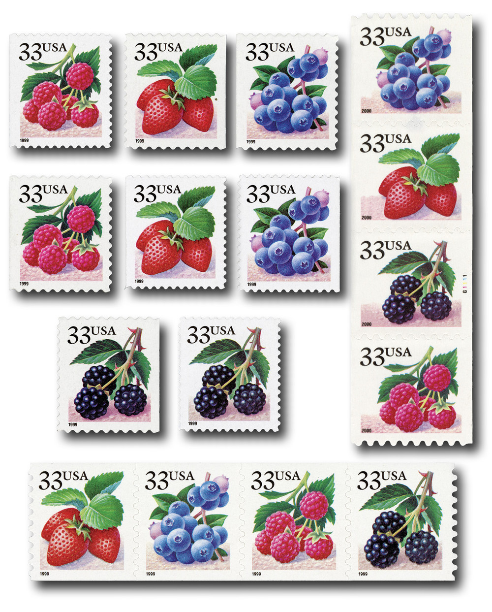 3294//3407 - 1999-2000 33c Fruit: Berries, Set of 16 Stamps