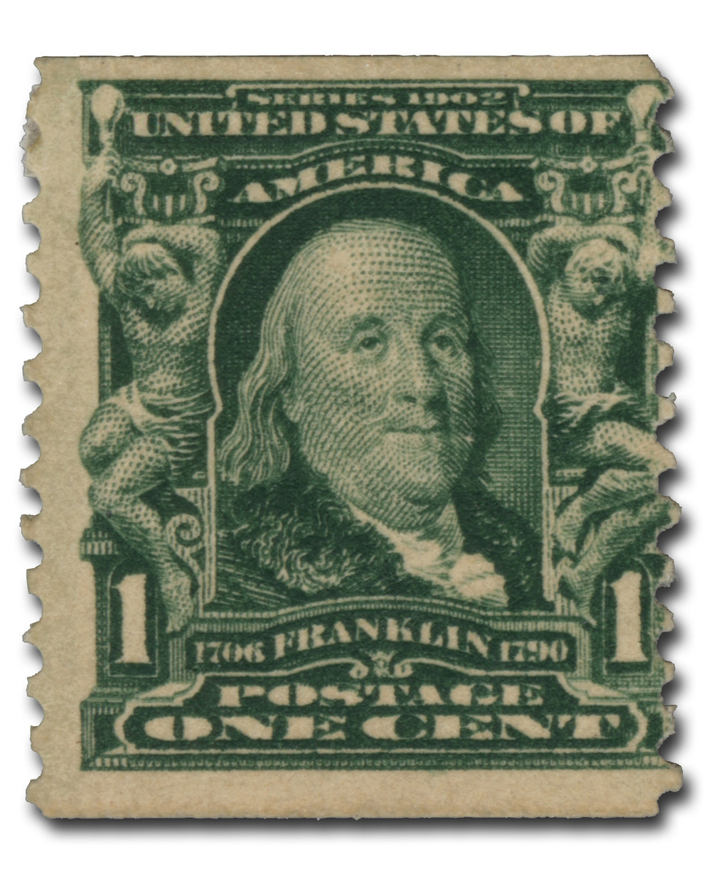 318 - 1908 1c Franklin, Blue Green, Vertical Perf. 12 Coil