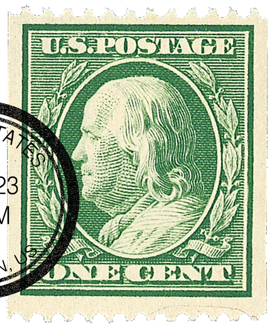 385 - 1910 1c Franklin, Green, Single Line Watermark, Perf. 12