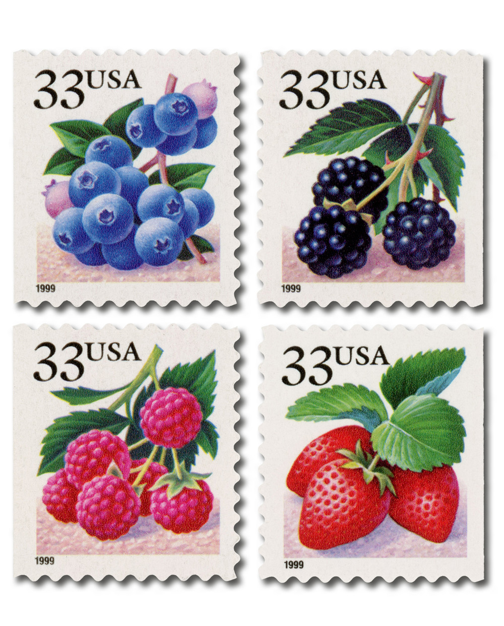 3298-3301 - 1999 33c Fruit: Berries, booklet stamps - Mystic Stamp
