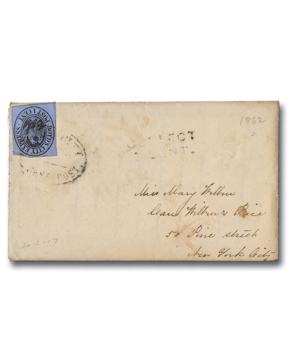 20L17 - 1861 1c Boyd's City Express, Black on Lilac Paper