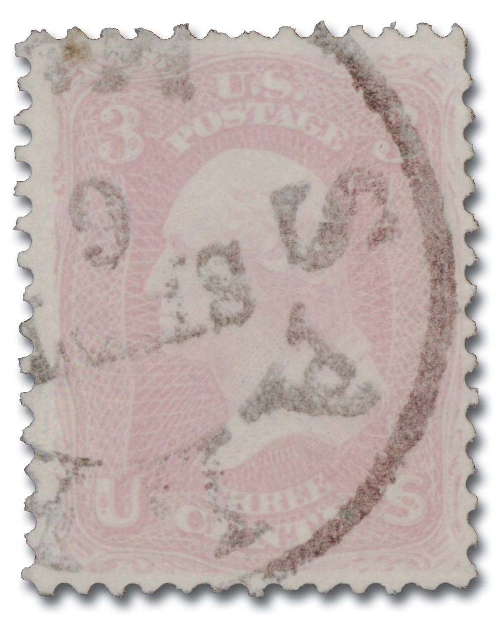 米国アンティーク切手 1861年 使用済 ジョージ・ワシントン 3￠切手 64b - 1861 3c Washington, Rose Pink, Perf. 12 - Mystic Stamp Company