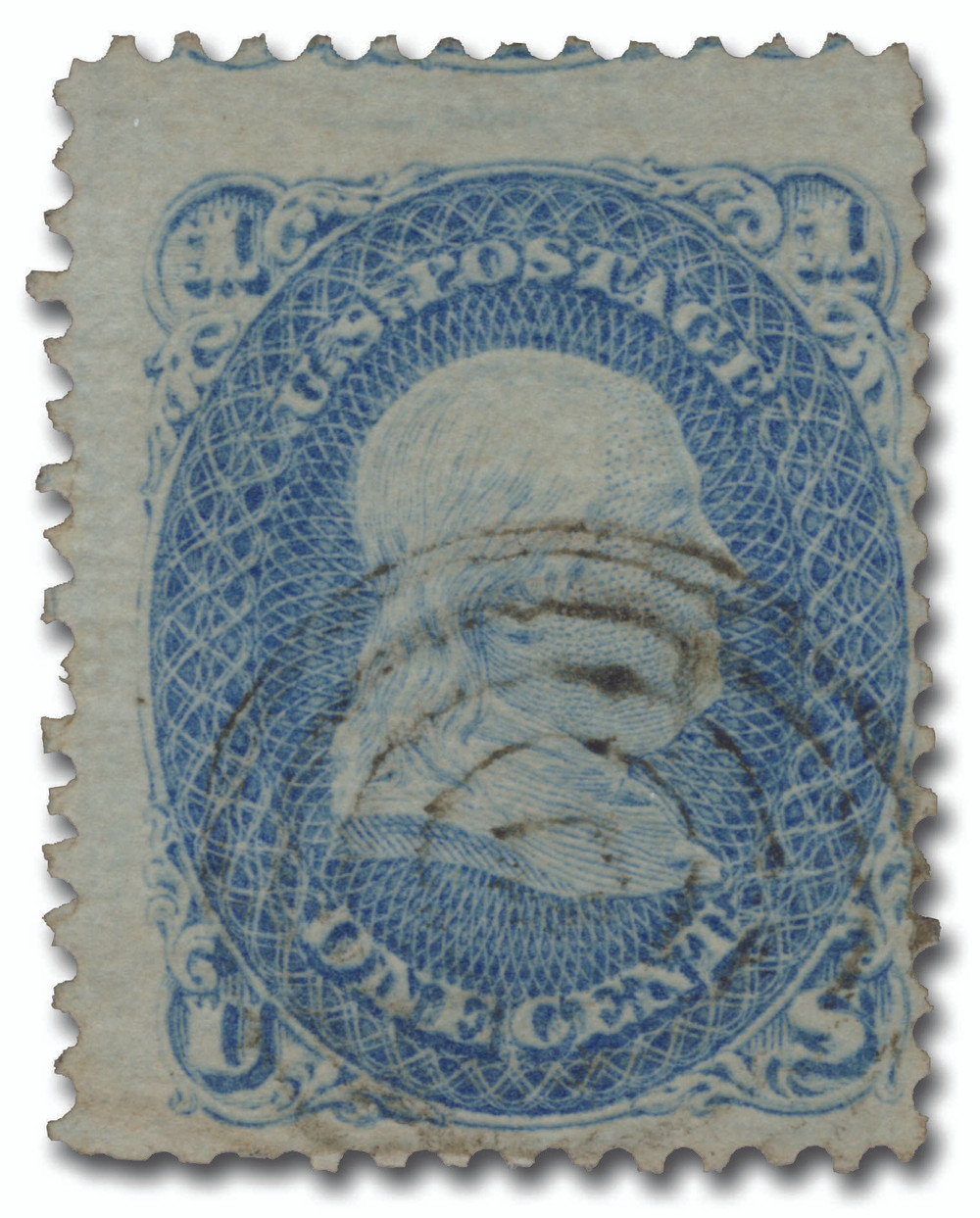 86 - 1867 1c Franklin, Blue, E Grill, Perf. 12 - Mystic Stamp Company