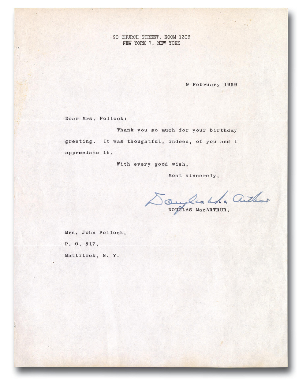 MA2027 - 1959 Douglas MacArthur signed letter Only 1 Available