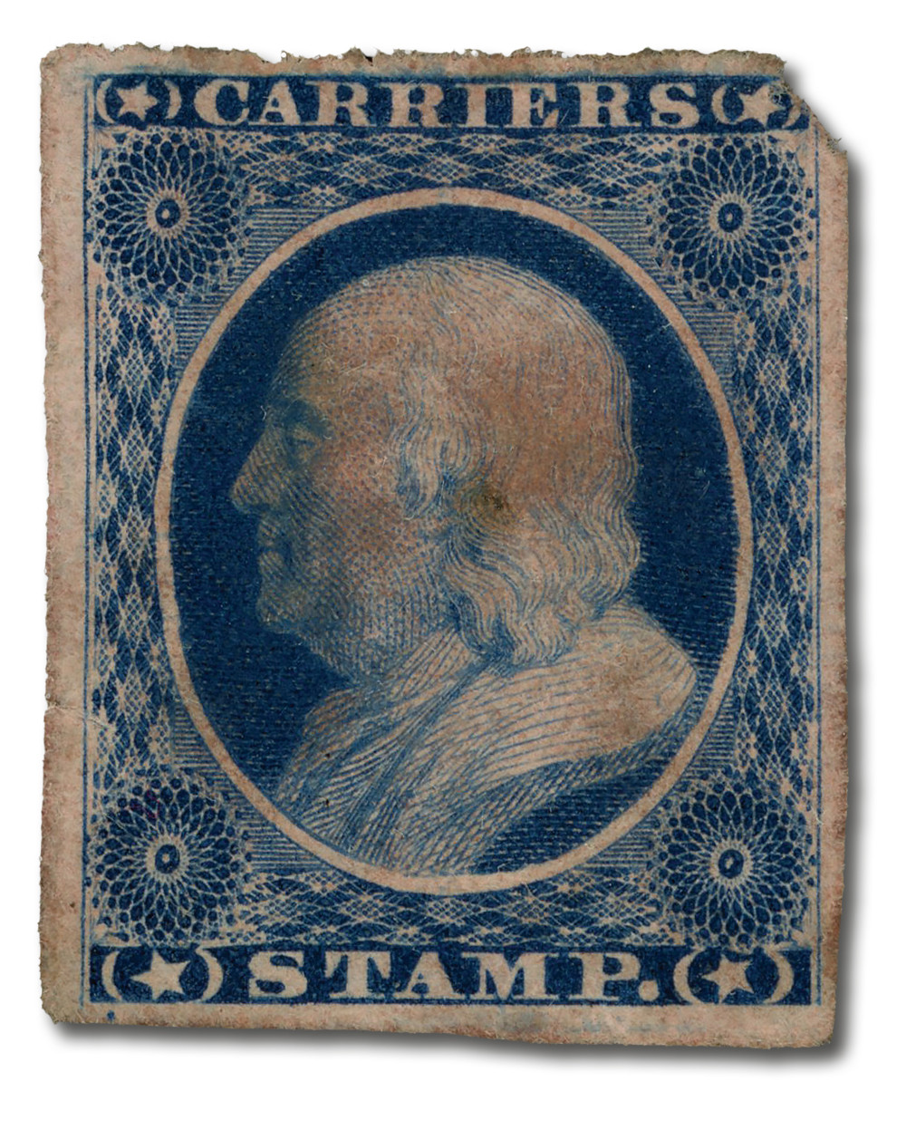 LO3 - 1875 1c Carriers Stamp, Franklin, Blue on Rose Paper Colored
