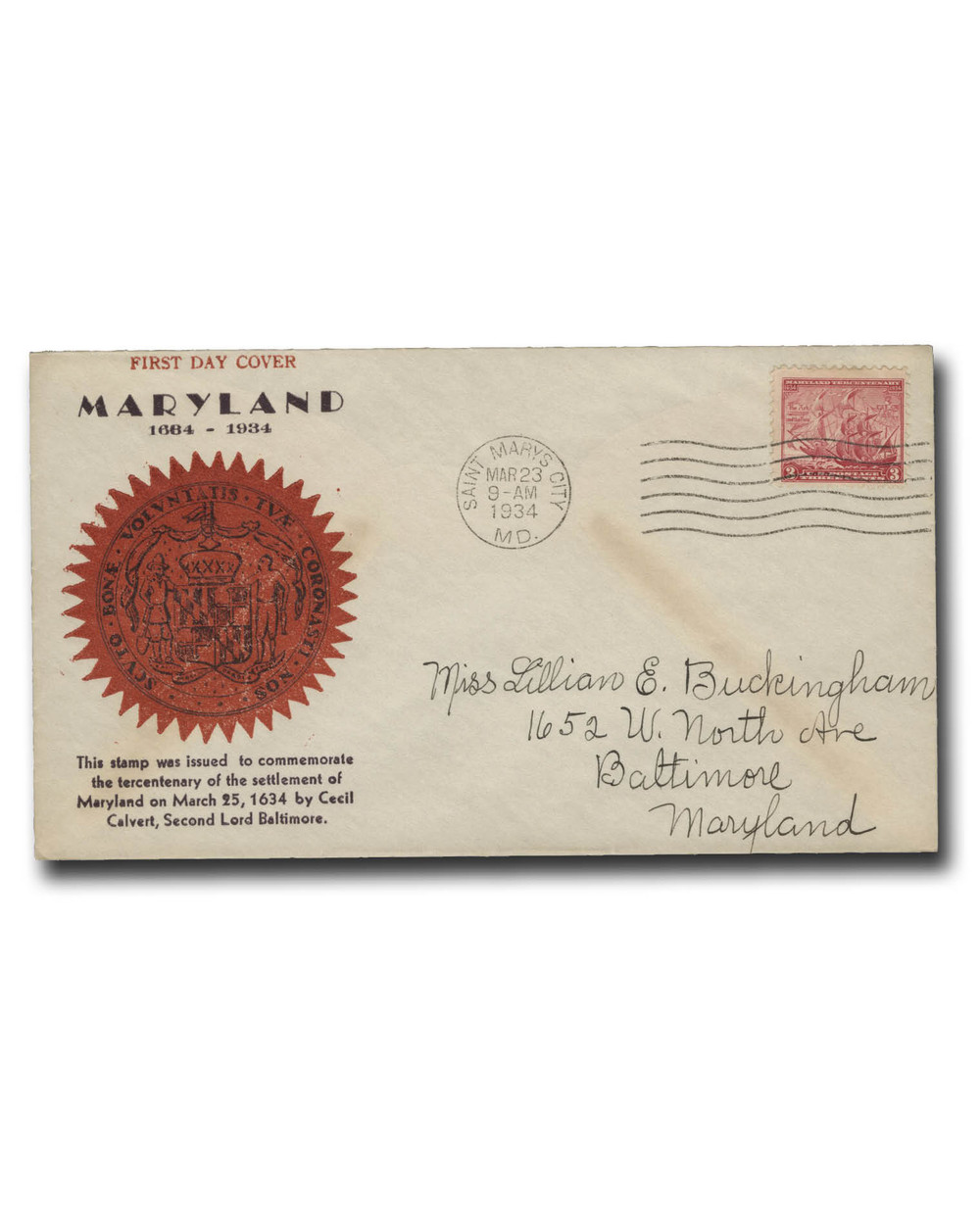 736 - 1934 3c Maryland Tercentenary, Carmine Rose - Mystic Stamp