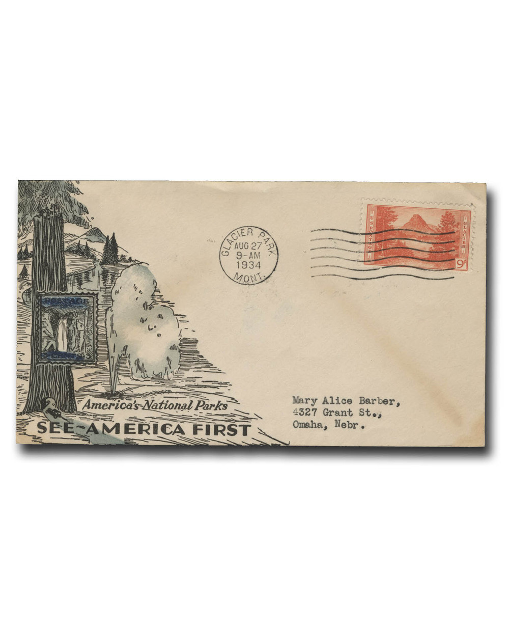 748 - 1934 9c Glacier National Park, Montana, Red Orange, Perf. 11