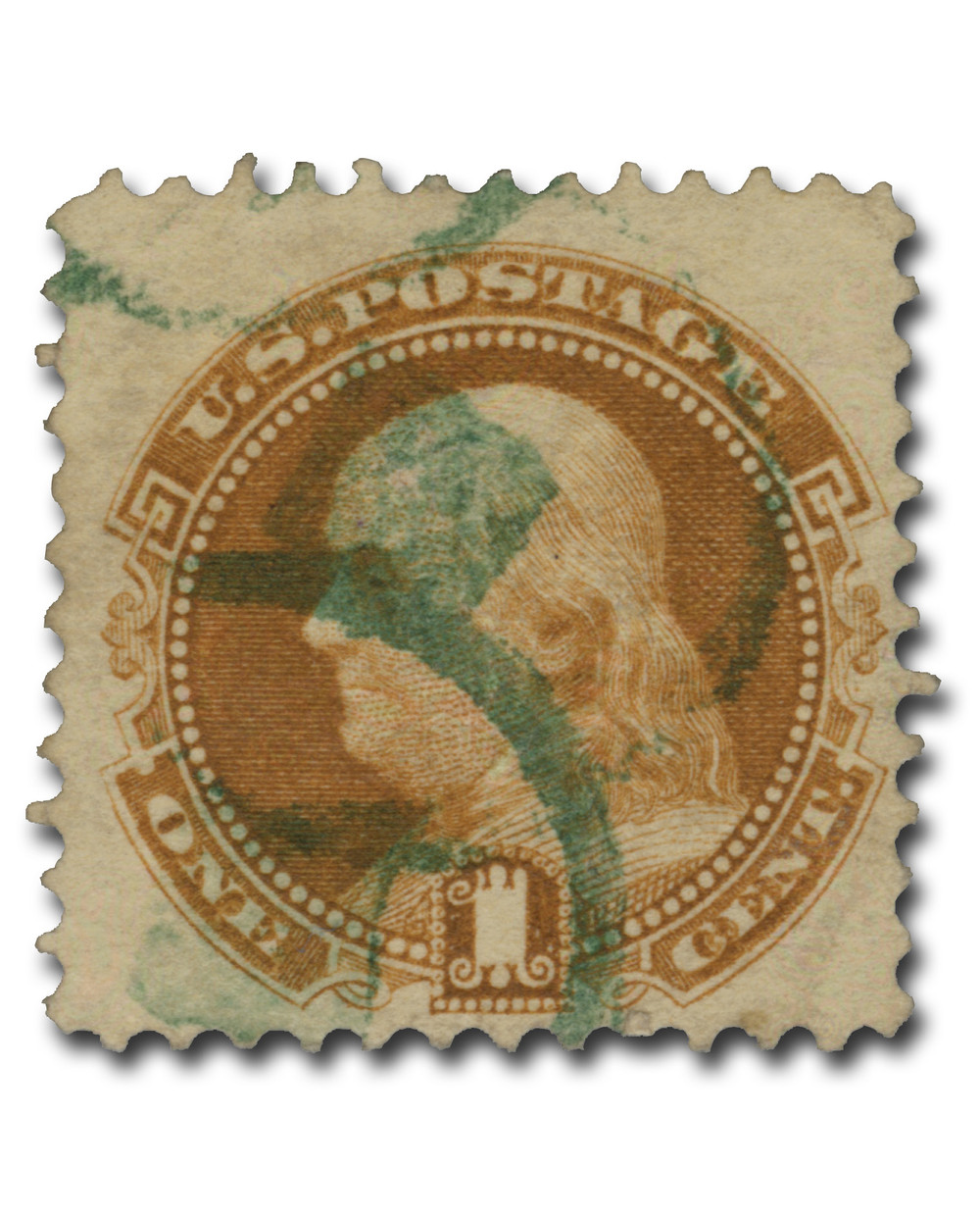 112 - 1869 1c Franklin , Buff, Hard Wove Paper, G Grill, Perf. 12