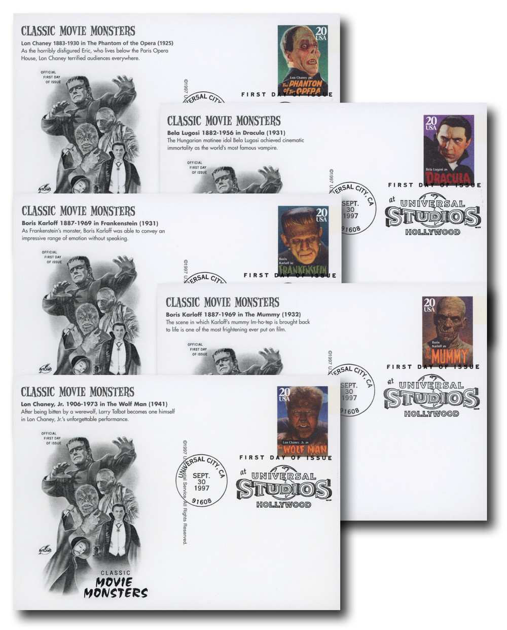UX285-89 - 1997 20c Classic Movie Monsters, First Day Issue Postal