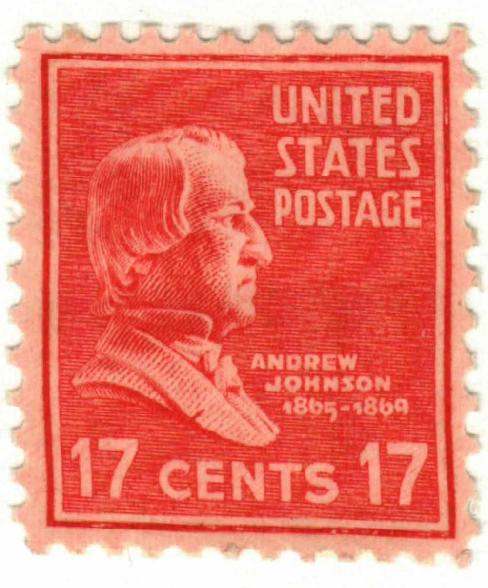 切手。USA 37セント。 822 - 1938 17c Andrew Johnson, Rose Red - Mystic Stamp Company