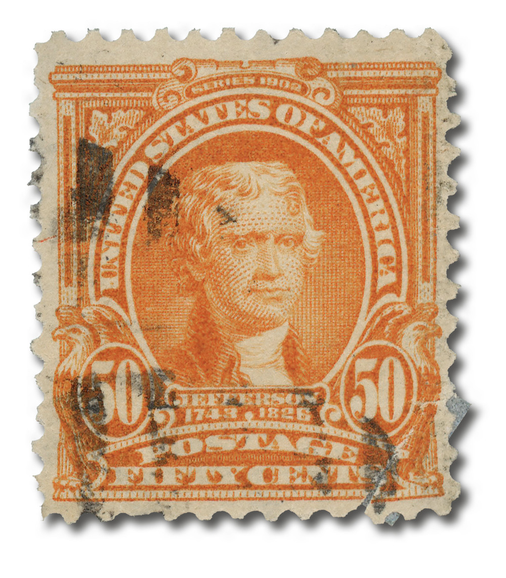 310 - 1903 50c Thomas Jefferson, Orange, Double Line Watermark