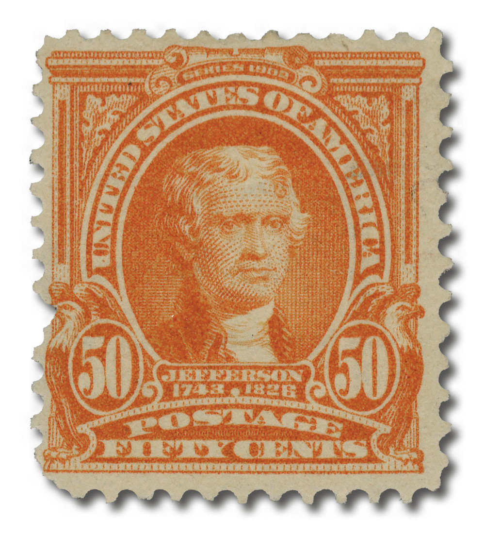 310 - 1903 50c Thomas Jefferson, Orange, Double Line Watermark