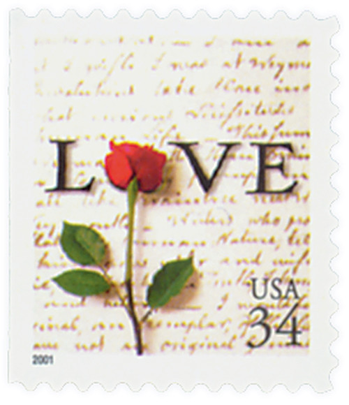 3498 - 2001 34c Love Series: Rose & Love Letter, Self-Adhesive
