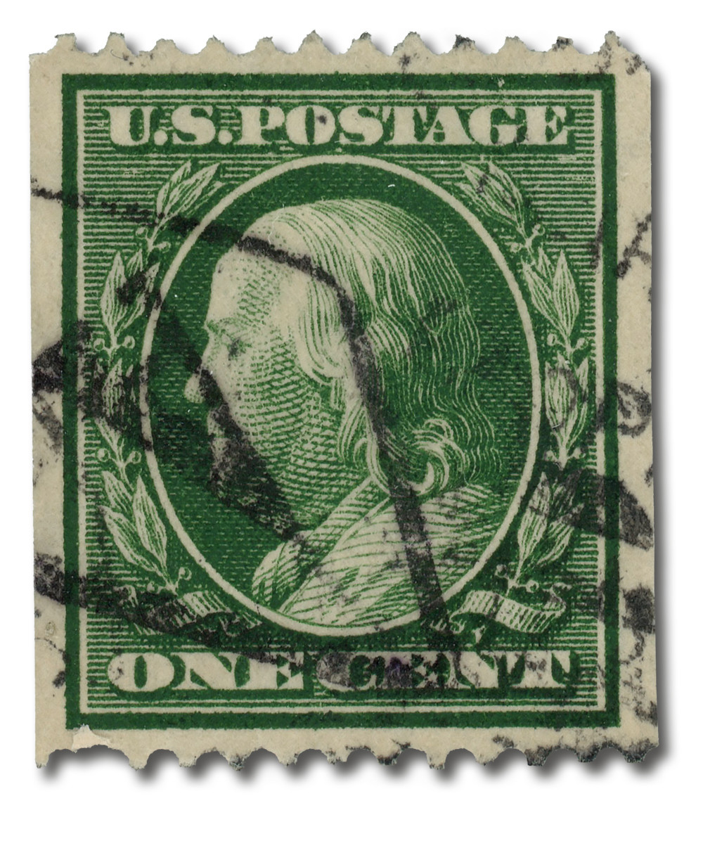 348 - 1908 1c Franklin, Green, Double Line Watermark, Perf. 12