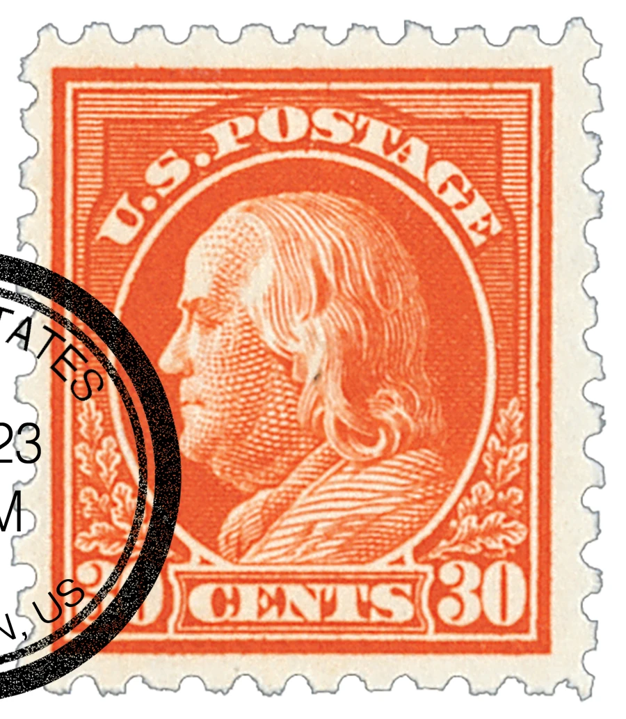 439 - 1914 30c Franklin, Orange Red, Single Line Watermark, Perf
