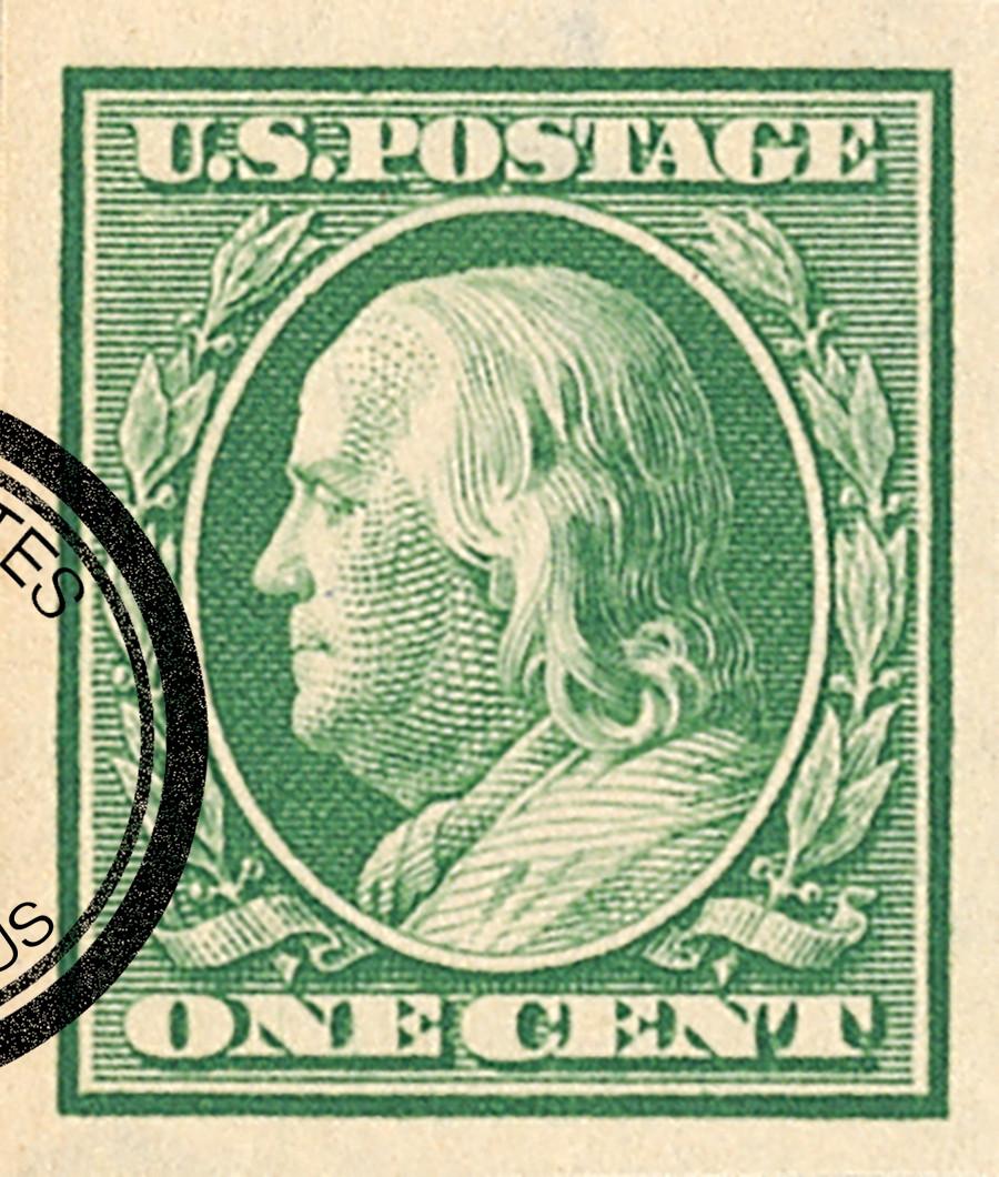 343 - 1908 1c Franklin, Green, Double Line Watermark, Imperf