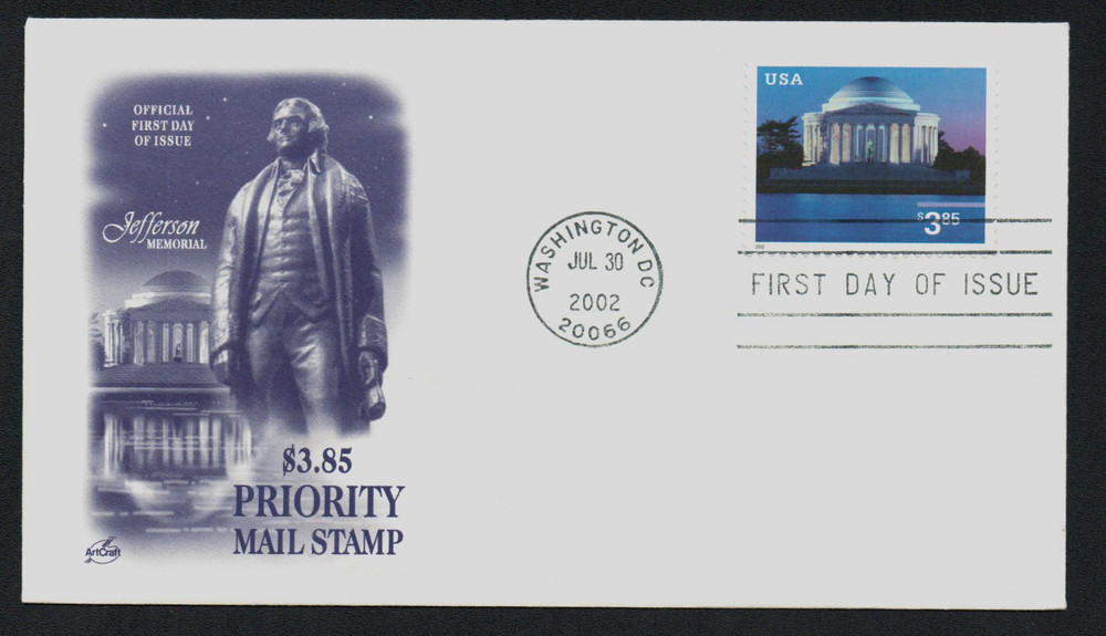 3647 - 2002 $3.85 Jefferson Memorial, Priority Mail - Mystic Stamp