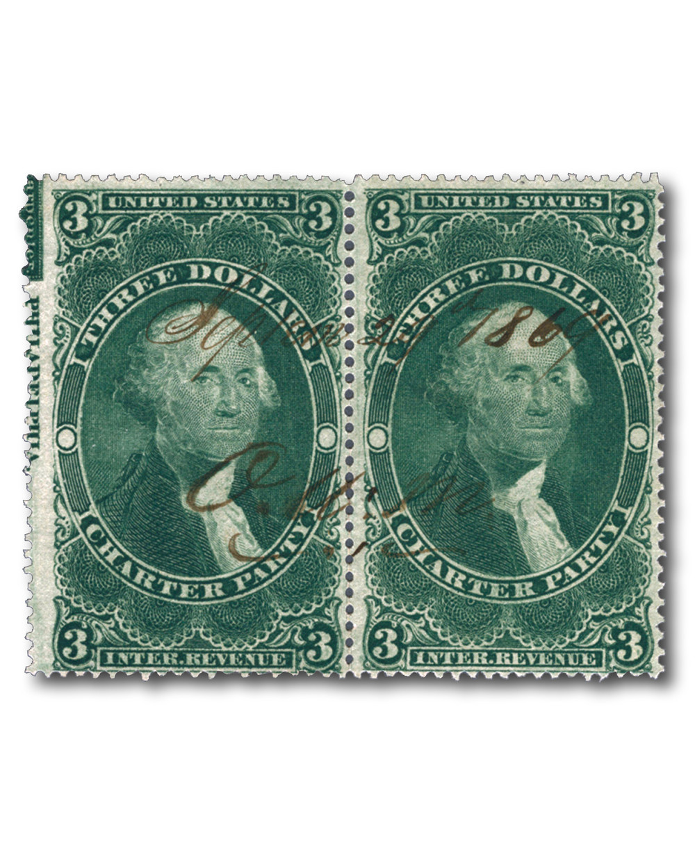 MRS1002 - 1862 $3 Green Washington First Issue Revenue Imprint