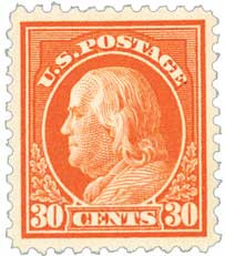 516 - 1917 30c Franklin, Orange Red, Unwatermarked, Perf. 11
