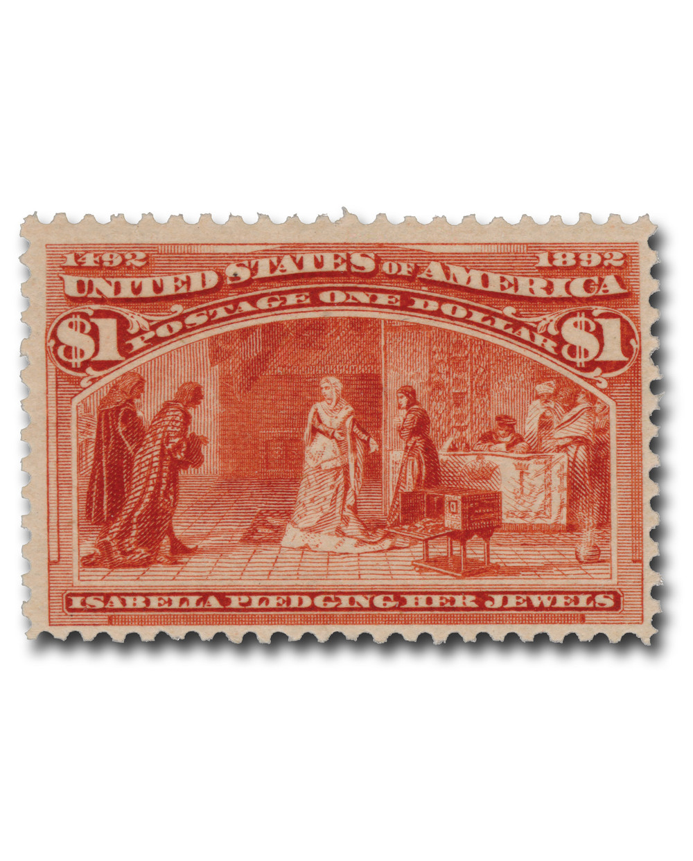 241 offer - 1893 $1 Queen Isabella Pledging Her Jewels, Salmon