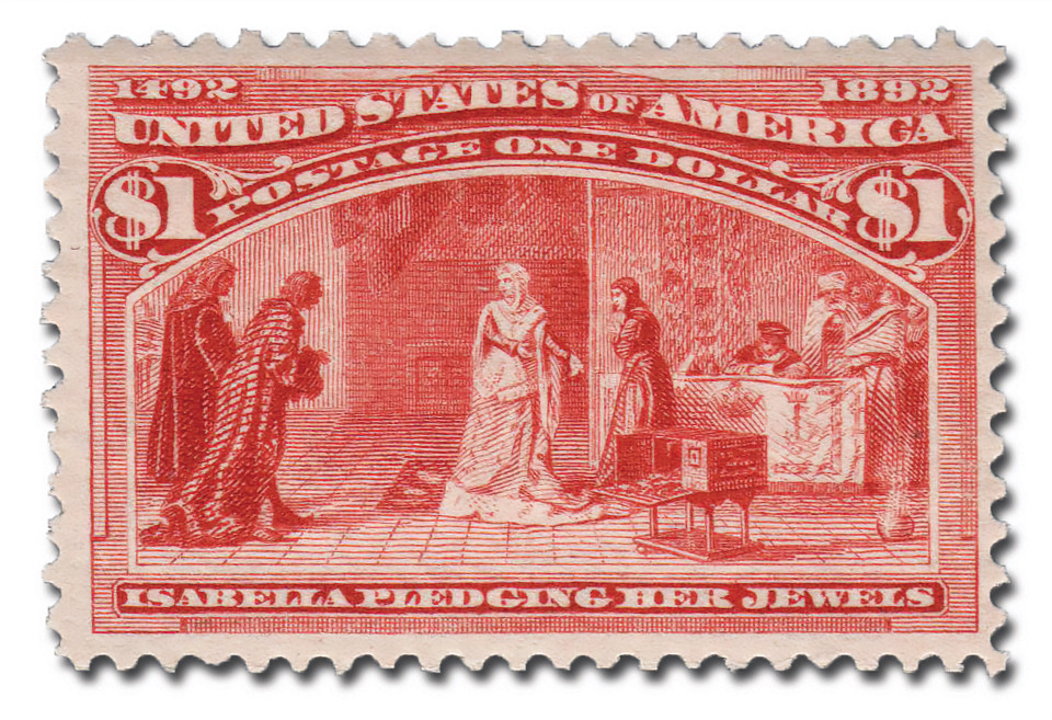 241 offer - 1893 $1 Queen Isabella Pledging Her Jewels, Salmon