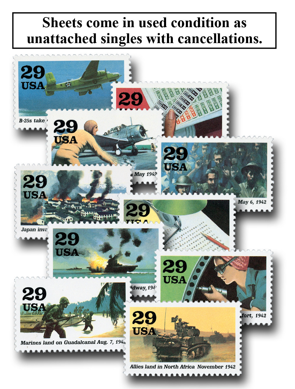 1942 WWII Into The Battle Stamp Block – Collectible 10-Stamp Set With WWII History - View #4