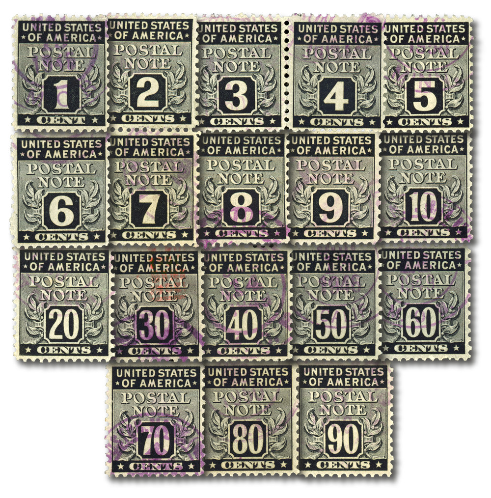 PN1-18 - 1945 1-90c Postal Notes, Black, Complete Set of 18 Stamps