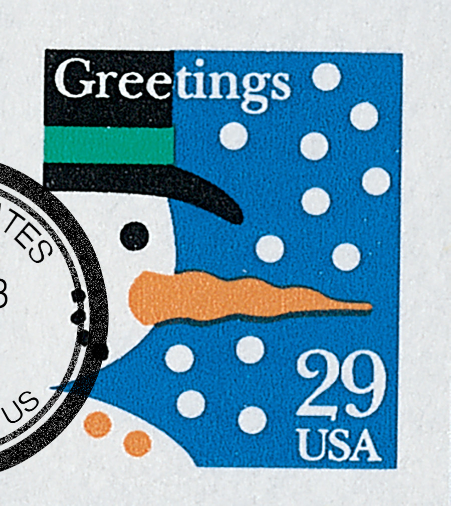 2803 - 1993 29c Christmas Greetings: Snowman, Imperf. - Mystic