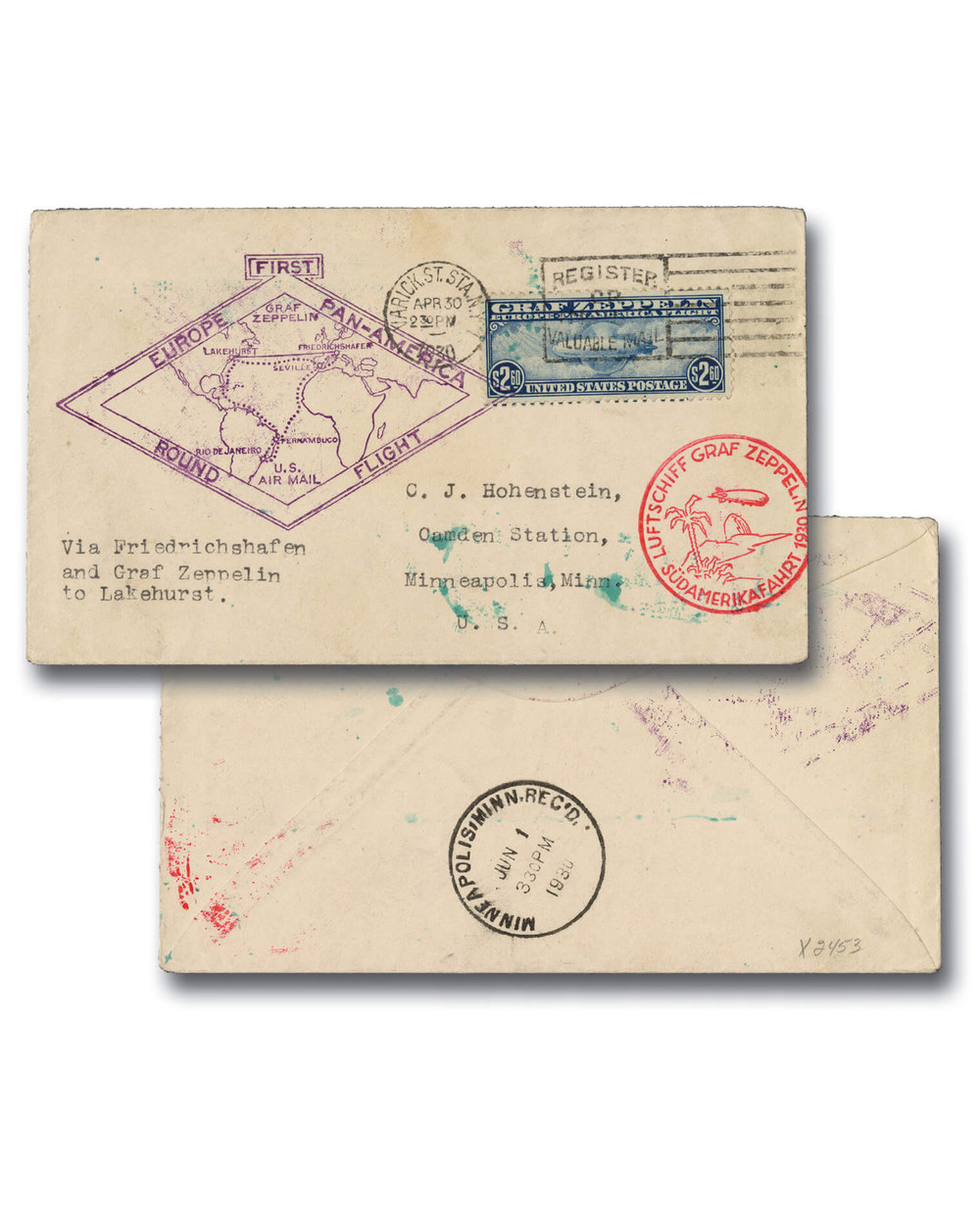 MA258 - 1930 Zeppelin C15 blue, flown cover - Mystic Stamp Company