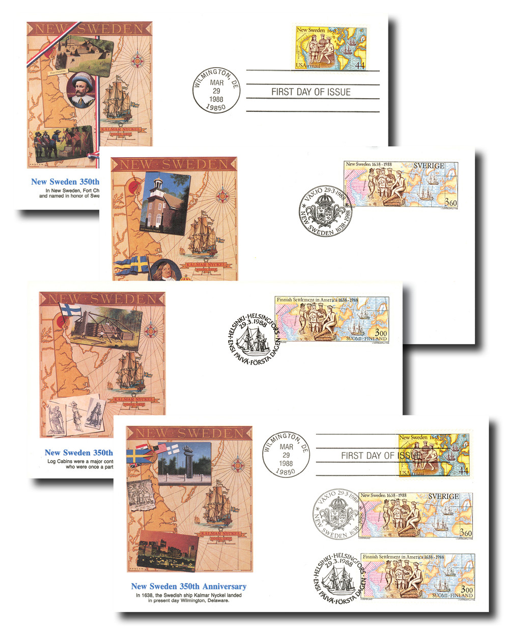 57461G - 1988 USA, Finland, Sweden Joint Issue Set of 4 First Day