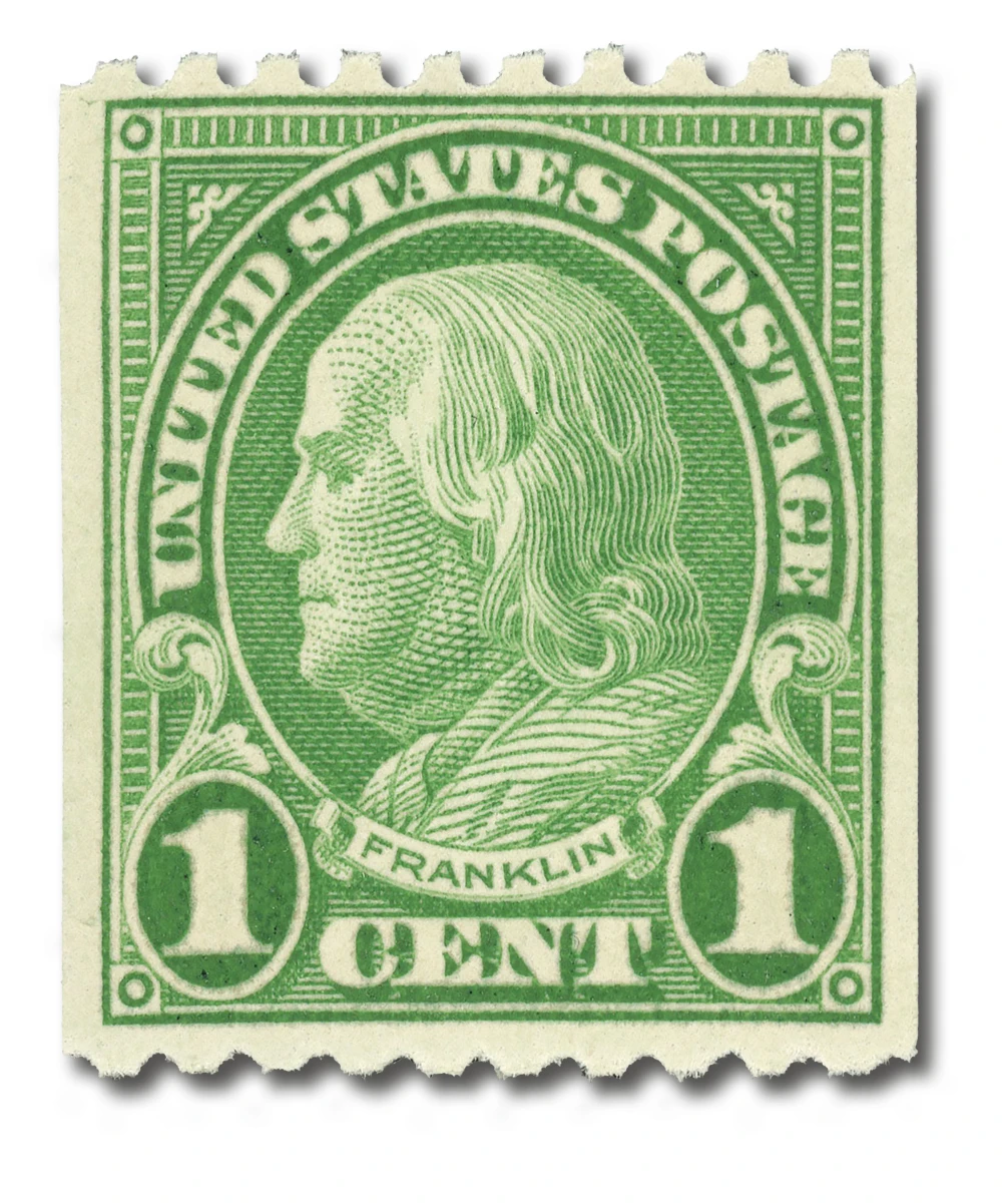 604 - 1924 1c Franklin, Green, Perf. 10 Horizontally - Mystic