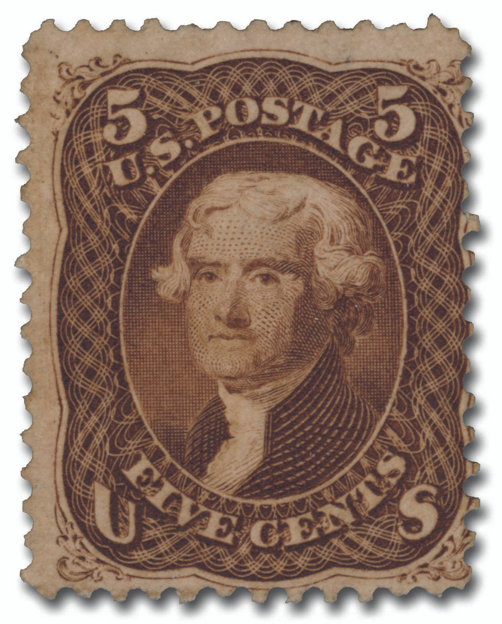 76 - 1863 5c Thomas Jefferson, Brown, Perf. 12 - Mystic Stamp Company