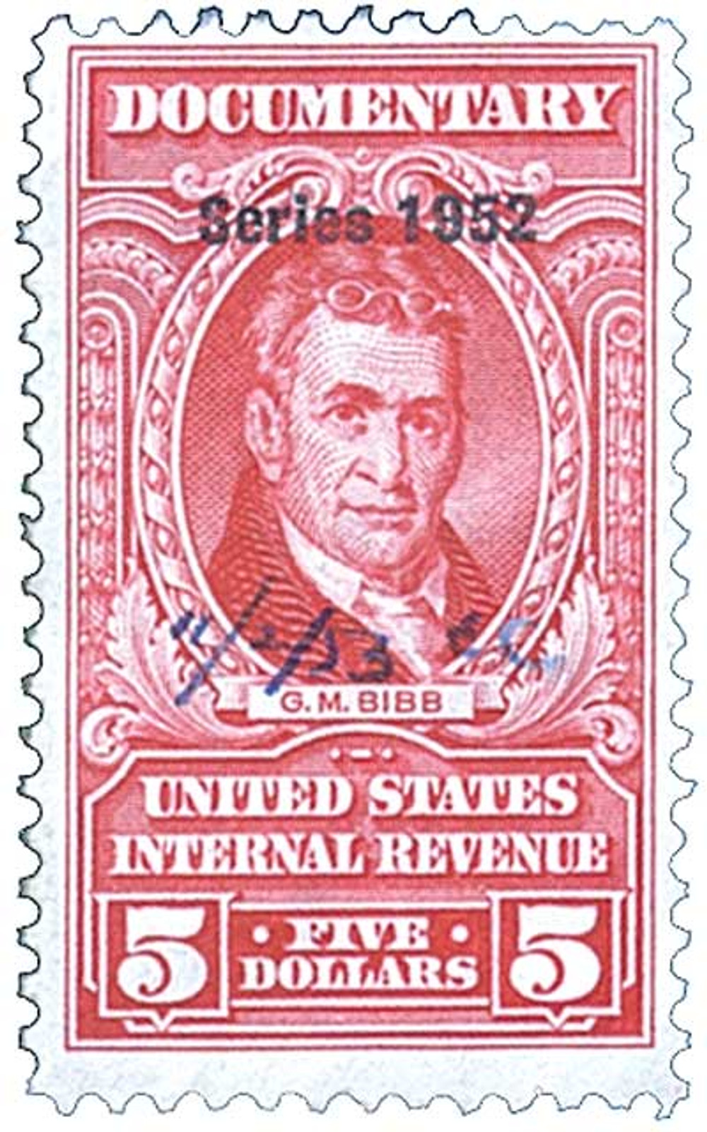 kevin bradley 2003 George + Tammy 額縁無し R608 - 1952 $5 US Internal Revenue Stamp - watermark, perf