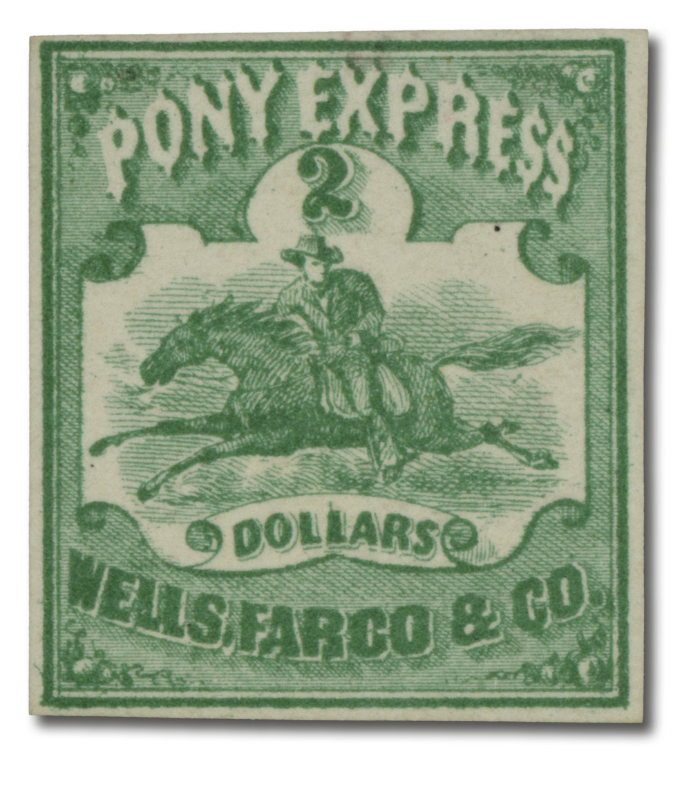 143L4 - 1861 $2 Wells Fargo Pony Express, Green on White Paper