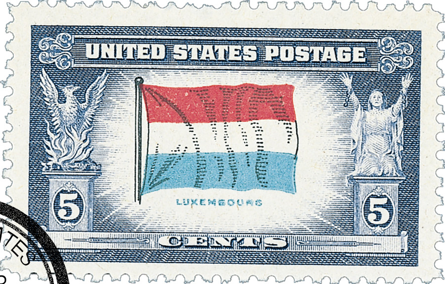 912 - 1943 5c Overrun Countries: Flag of Luxembourg - Mystic Stamp