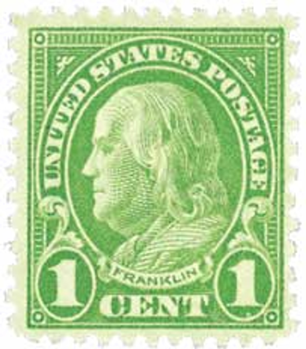 632 - 1927 1c Franklin, Green, Perf. 11x10.5 - Mystic Stamp Company