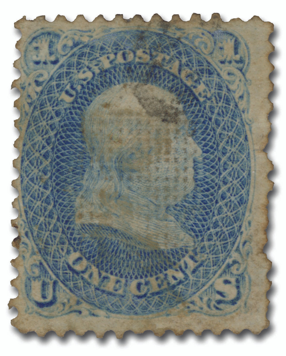 86 - 1867 1c Franklin, Blue, E Grill, Perf. 12 - Mystic Stamp Company