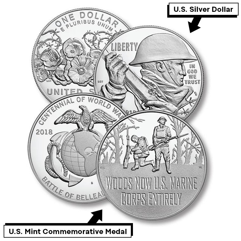 CNSE8 - 2018 Centennial WWI Silver Dollar & Marine Corps Medal Set