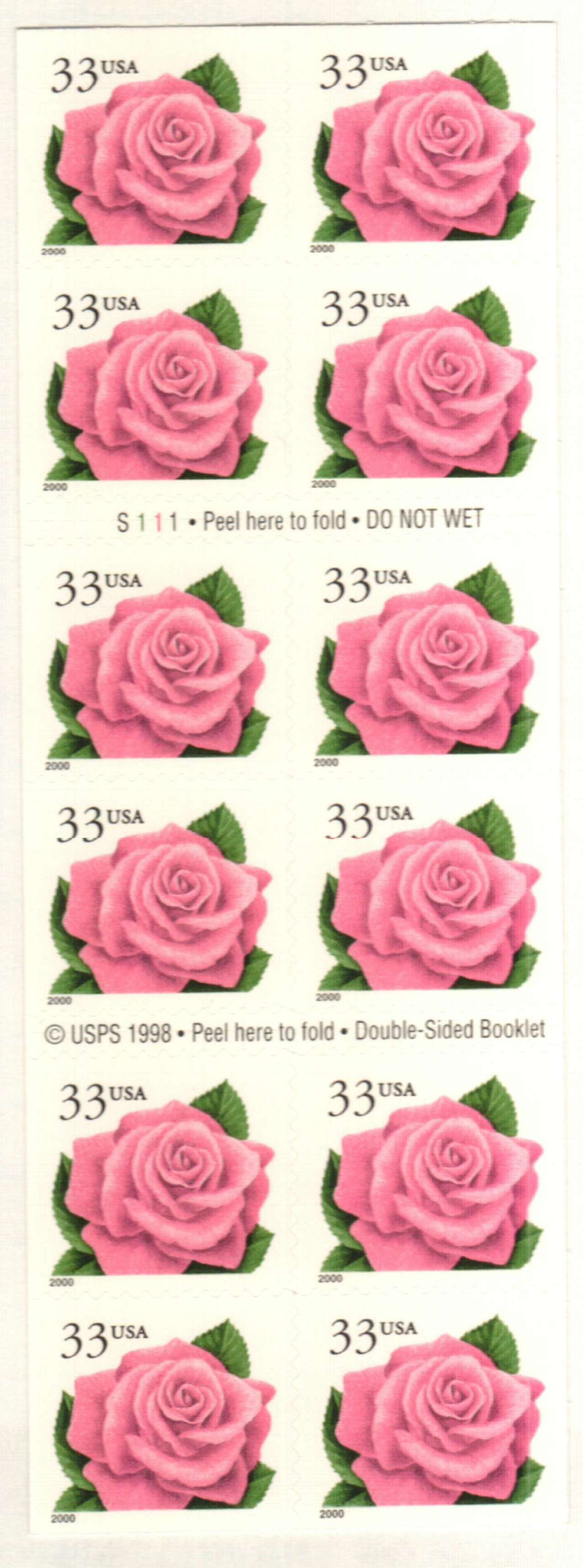 3052Ef - 2000 33c Flora & Fauna Series: Coral Pink Rose, Booklet