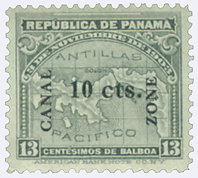 CZ36 - 1911 10c on 13c Map of Panama, Gray, Canal Zone Overprint