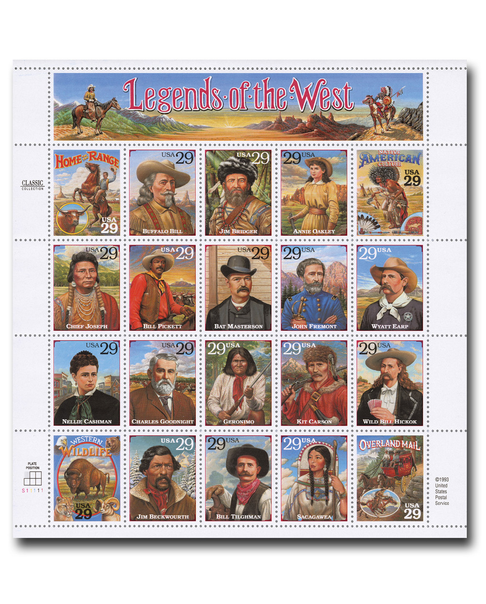 2870 - 1994 29c Legends of the West, Error Sheet, 20 Stamps