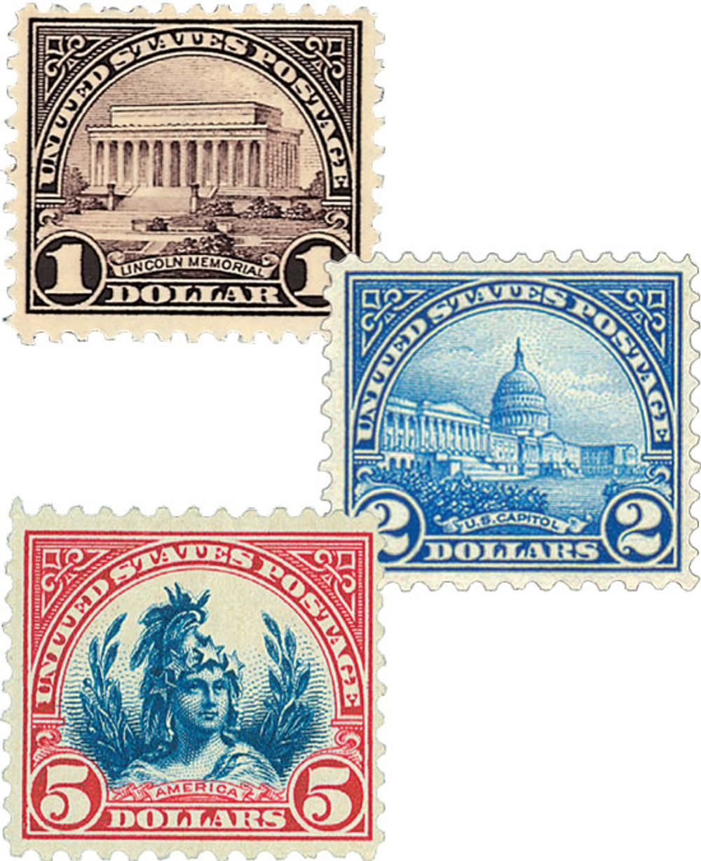 TRIAL POSTAGE STAMPS コレクション 571-73 - 1923 $1-$2 & $5, Perf. 11, Set of 3 Stamps - Mystic